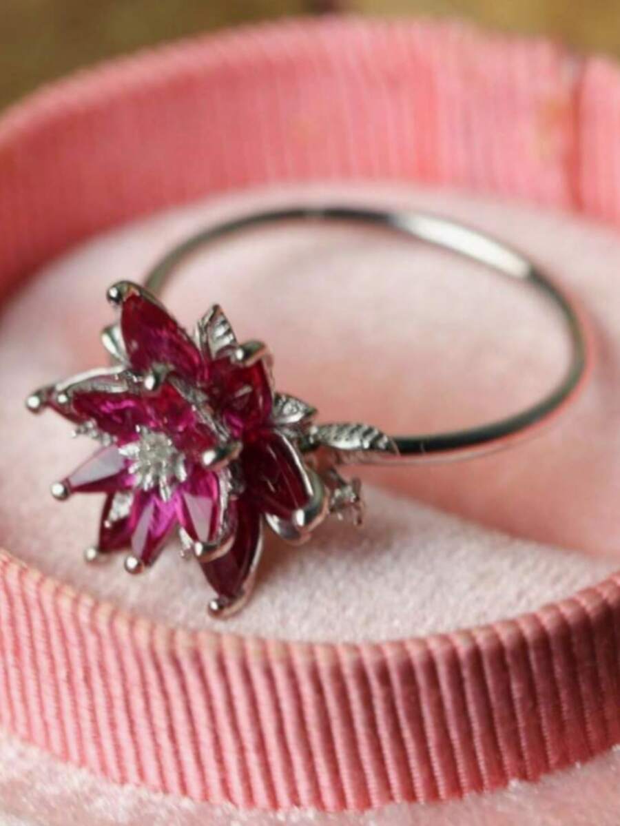 1pc Vintage Chinese Red Lotus Engagement Ring, Women's Unique Gold And Silver Ring, Birthday Stone Flower Ring, Party Jewelry, Mother's Day Gift - 銀色 - 查看 1
