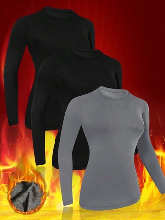 Conjunto de 3 peças: Blusas femininas de manga comprida com gola redonda e forro térmico, modelo casual ajustado para usar por baixo ou por cima de outras peças. Ideais para ioga, esportes, uso diário e para o outono/inverno.