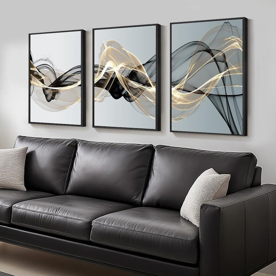 3pcs Set Modern Abstract Black And Gold Canvas Wall Art, Choice Of Unframed Or Stretched Framed Style, Elegant Minimalist Posters For Living Room And Office, Ready To Hang Gold Line Decor (Multiple Options Available) - Black Gold - View 1