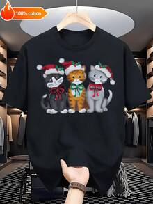 Cute Festivo Estampado Gatitos + Hombre de Jengibre + Papá Noel Negro y Blanco Manga Corta - Suave Transpirable Algodón% 220g Ajuste Libre Camiseta Unisex Tallas S-3XL para Todo el Año Ocio Diario Moda Callejera - Negro - Ver 1