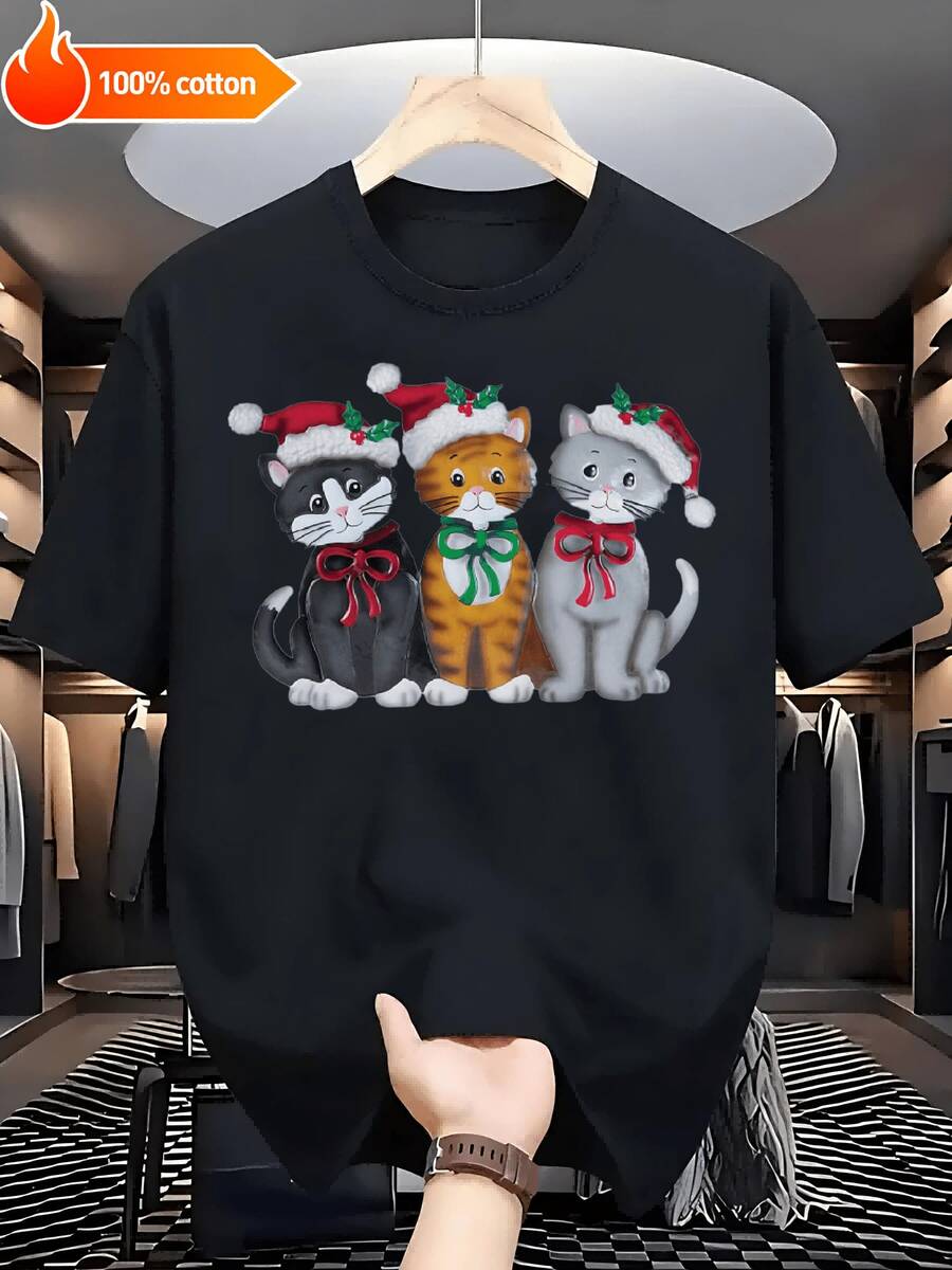 Cute Festivo Estampado Gatitos + Hombre de Jengibre + Papá Noel Negro y Blanco Manga Corta - Suave Transpirable Algodón% 220g Ajuste Libre Camiseta Unisex Tallas S-3XL para Todo el Año Ocio Diario Moda Callejera - Negro - Ver 1