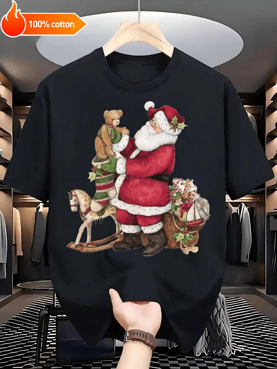 Festivo Retro Estampado Colección de Regalos de Papá Noel Negro y Blanco Manga Corta - Suave Transpirable Algodón% 220g Ajuste Libre Camiseta Unisex Tallas S-3XL para Fiestas Navideñas Ocio Diario Lavable aáquina Ropa Navideña - Negro - Ver 1