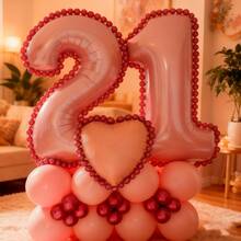 Juego de 43 piezas de columnas con globos con números en rosa, que incluye globos de papel de aluminio con números rosas de 32 pulgadas (81,28 cm), globos de látex redondos de color rosa macaron y rojo metálico, adecuado para decoración de aniversario, cumpleaños, nupcial, boda, graduación, vacaciones, fiesta