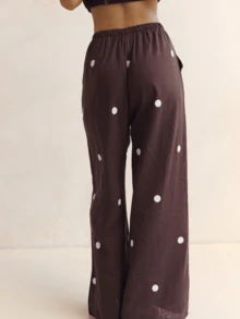 Women Streetwear Polka Dot 2 Piece Outfits Strapless Tube Top Double Slit Baggy Wide Leg Pants Set - 咖啡色 - 查看 8