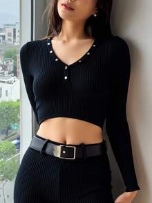 DUKEZA blusa basica cuello v con botones - Negro - Ver 1