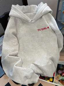 复古女式廓形图案标语卫衣，女式冬季外套，冬季服装，纯色长袖口袋落肩休闲卫衣 - 淺灰色 - 查看 2