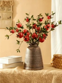 Artificial Pomegranate Floral Decor - Red Berry Branches, Dark Stems, Maintenance-Free, Suitable For Home, Office, Christmas, Halloween, Wedding And Party Decorations - Durable Autumn/Winter Harvest Theme Decor, Stylish Display, Realistic Berries, Designer-Level Decoration.