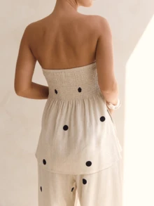 Women Streetwear Polka Dot 2 Piece Outfits Strapless Tube Top Double Slit Baggy Wide Leg Pants Set - 米色 - 查看 5