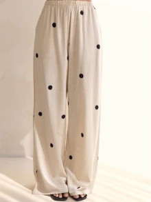 Women Streetwear Polka Dot 2 Piece Outfits Strapless Tube Top Double Slit Baggy Wide Leg Pants Set - 米色 - 查看 6