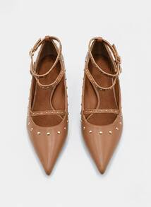 Women's Studded Strappy Low Heel Shoes, Pointed Toe Stiletto Heels, Double Buckle Ankle Strap Heels