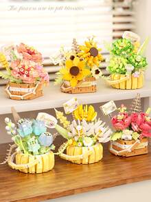 1pc DIY Creative Assembled Brick Bouquet With Preserved Flowers Including Rose, Sunflower, Violet, Tulip, Carnation, Chrysanthemum & Hibiscus, Romantic Brick Floral Potted Plant Decor, Gift For Birthday, Christmas,Flower Brick,Build Blocks,Building Blocks Christmas,Building Blocks,Bricks,Blocks,Building Bricks Flowers,Micro Building Blocks,Bricks Blocks - Multicolor - View 4