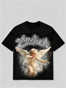 Retro Art & Street  Style Angel & "Emotion" Graphic Print Men's T-Shirt For Concert & Daily Casual In Summer - 黑色 - 查看 1
