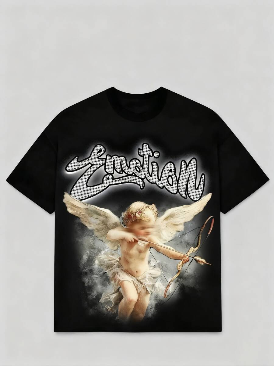 Retro Art & Street Style Angel & "Emotion" Graphic Print Men's T-Shirt For Concert & Daily Casual In Summer - 黑色 - 查看 1
