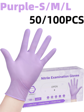 100 st. lila engångshandskar i nitril, tillverkade av högkvalitativt nitrilmaterial, lämpliga för hushållshygien och rengöring. Flexibel design, bekväma att bära (utan förpackning)