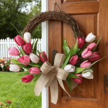 Artificial Tulip Wreath For Front Door Bow Faux Flower Hanging Decorations For Home Holiday Party - Hồng - Xem 1