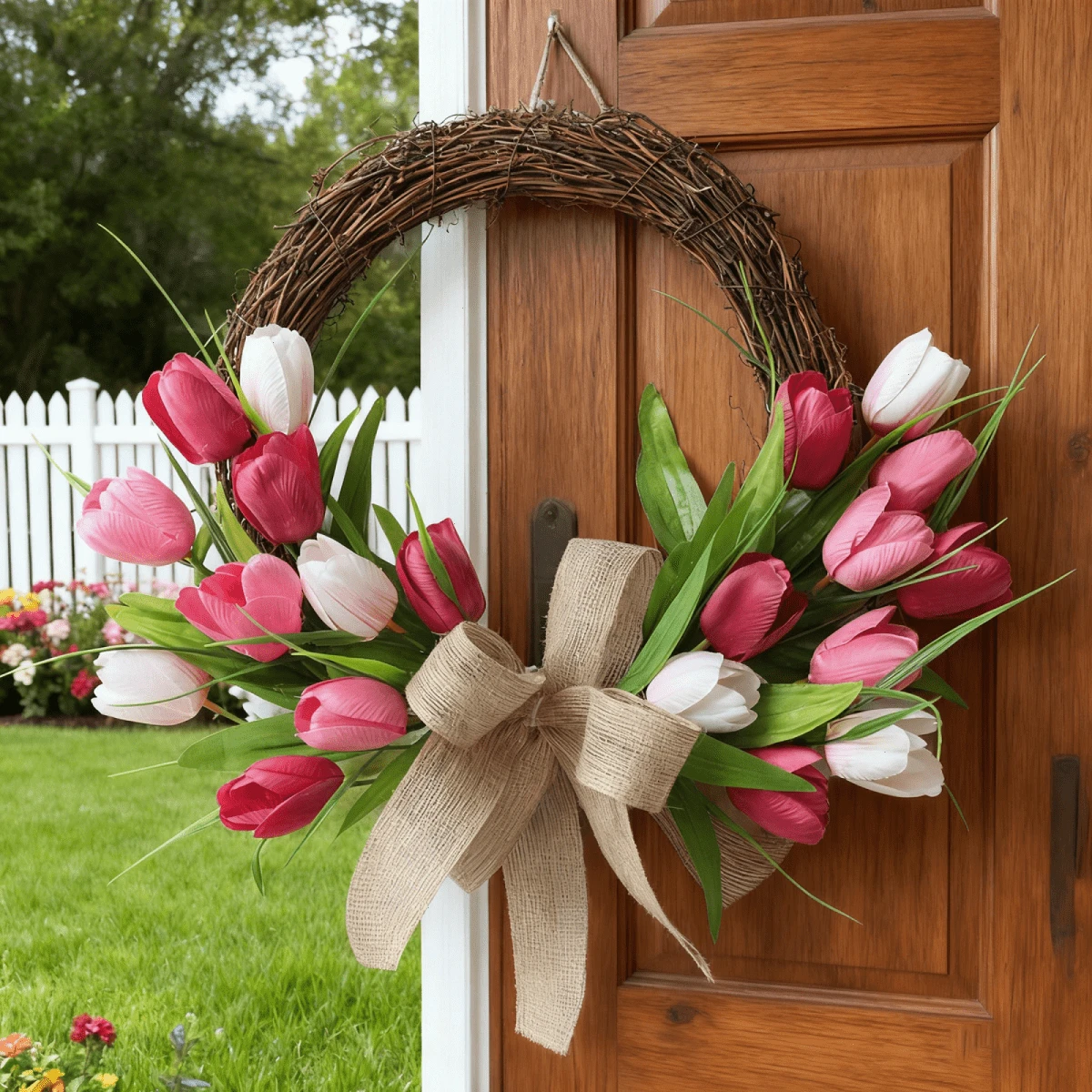 Artificial Tulip Wreath For Front Door Bow Faux Flower Hanging Decorations For Home Holiday Party - Hồng - Xem 1
