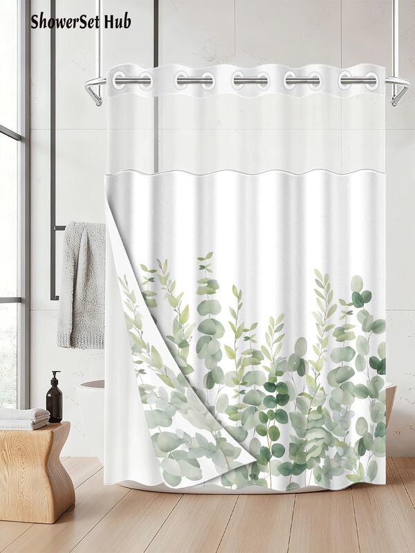 1pc Green Plant Pattern Print Shower Curtain Bathroom Set, White Minimalist Print Waterproof And Wear-Resistant Bathroom Decor And Accessories,No Hook Shower Curtain With Snap In Liner With Snap Polyester Fabric - Washable,Easy To Disassemble And Portable, With A Semi-Transparent Top That Allows Good Light Transmission., Perfect For Holiday Decor,Home/Bedroom/House/Western,Spring Decorations