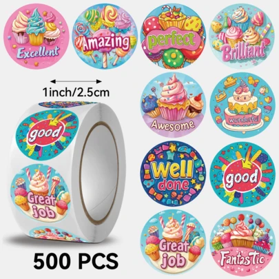 500pcs/Roll Ice Cream Motivational Stickers, Round Shape, 8-10 Assorted Designs, Size: 2.5cm/1.0 Inch, Suitable For Gift Wrapping, Packaging Decoration, Stationery Decoration And More