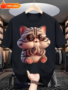 Cute Festivo Estampado Gato + Gafas de Signo de Dólar Negro y Blanco Manga Corta - Suave Algodón% 220g Ajuste Libre Camiseta Unisex Tallas S-3XL para Todo el Año Ocio Diario - Negro - Ver 6