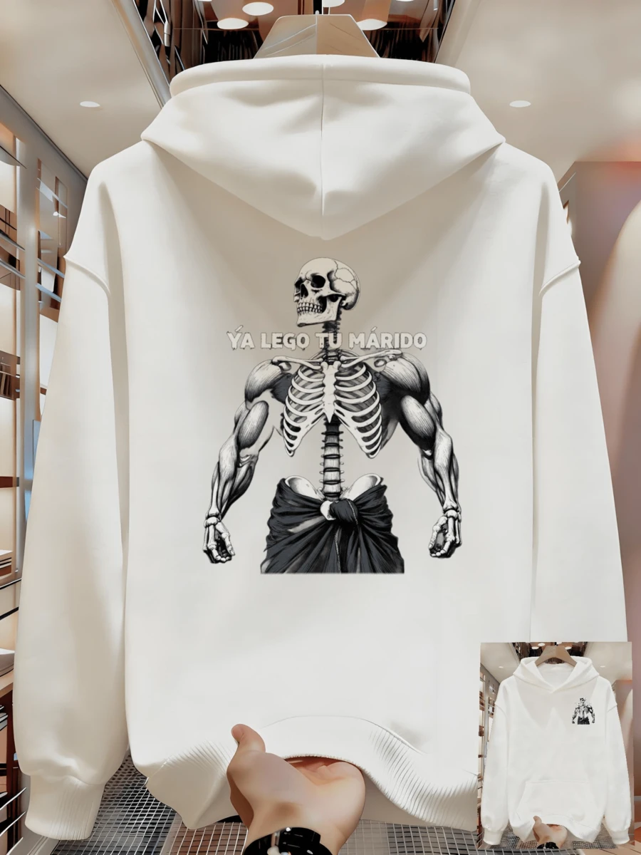 Men's Casual French Fleece Hoodie With Letter Print, Slightly Stretchy Knit Fabric, Loose Fit, Sweatshirt With Pockets, Couple Hoodies XQA9 - 白色 - 查看 1
