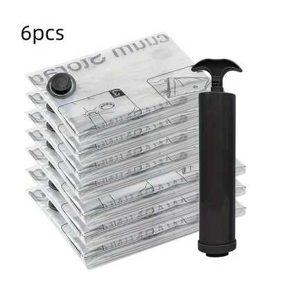 7pcs Space Saving Vacuum Storage Bags With Manual Air Pump, Airtight Compression Seal Bags, Rectangular, Durable Plastic Material, Buckle Closure, Multi-Purpose, Non-Electric, Straight Tube, Suitable For Clothes, Bedding, Pillows, Blankets, Home Organization, Storage Containers