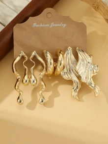 6/18pcs Gold Metal Texture Earring Set. [Square, Rhombus, Beaded, Spiral/Seashell, 5-Petal Flower, Wave/Teardrop, Leaf Designs.] Natural/Geometric Elements Combination. Elegant And Chic Style. Suitable For Travel, Vacation, Party, Date, Daily Wear.