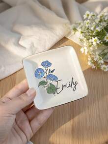 Bandeja de Joias de Cerâmica Personalizada com Flor de Nascimento, Prato de Anel com Flor em Aquarela Personalizado, Presente de Proposta para Madrinha, Bandeja de Organização de Penteadeira - Multicolorido - Visão 10