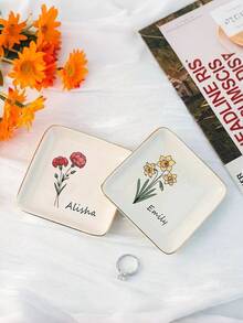 Bandeja de Joias de Cerâmica Personalizada com Flor de Nascimento, Prato de Anel com Flor em Aquarela Personalizado, Presente de Proposta para Madrinha, Bandeja de Organização de Penteadeira - Multicolorido - Visão 9