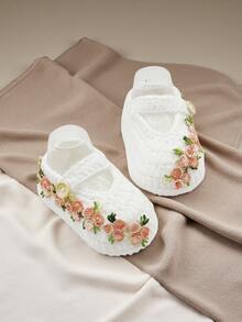 1 Pasang Sepatu/Kaos Kaki Bayi Pra-Berjalan Rajutan Tangan Motif Bunga - Putih - View 4