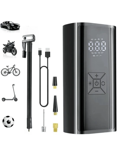 1pc Portable Tire Inflator Air Compressor With Auto Shut Off And LED Light, For Quick Inflation Of Car Tires, Bicycle Tires, Motorcycle Tires, Balls, And Other Inflatables, Also Functions As A Power Bank