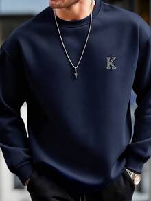 Men's Versatile Grey Letter Print Crew Neck Sweatshirt, Suitable As Gift For Husband, Boyfriend, Friend