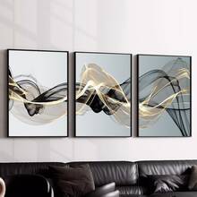 3pcs Set Modern Abstract Black And Gold Canvas Wall Art, Choice Of Unframed Or Stretched Framed Style, Elegant Minimalist Posters For Living Room And Office, Ready To Hang Gold Line Decor (Multiple Options Available) - Black Gold - View 14