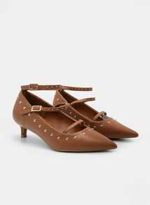 Women's Studded Strappy Low Heel Shoes, Pointed Toe Stiletto Heels, Double Buckle Ankle Strap Heels