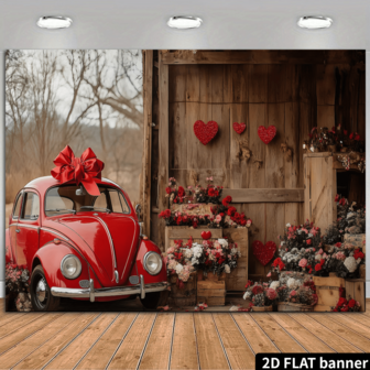 2d Flat, 1 Retro Red Car And Floral Background Banner With Heart-Shaped Balloons And Gift Box Design, Reusable Polyester Fabric, Suitable For Indoor And Outdoor Party Outfits