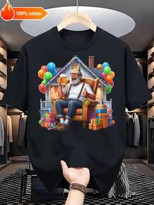 Masculino Festivo Estampado Papá Noel + Globos Negro y Blanco Manga Corta - Suave Algodón% 220g Ajuste Retro Camiseta Unisex Tallas S-3XL para Fiestas Navideñas Cumpleaños Ocio Diario Regalo - Negro - Ver 6