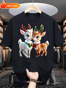 Cute Festivo Estampado Reno + Ciervo + Bayas de Acebo Negro y Blanco Manga Corta - Suave Transpirable Algodón% 220g Ajuste Libre Camiseta Unisex Tallas S-3XL para Fiestas Navideñas Ocio Diario Regalo - Negro - Ver 6
