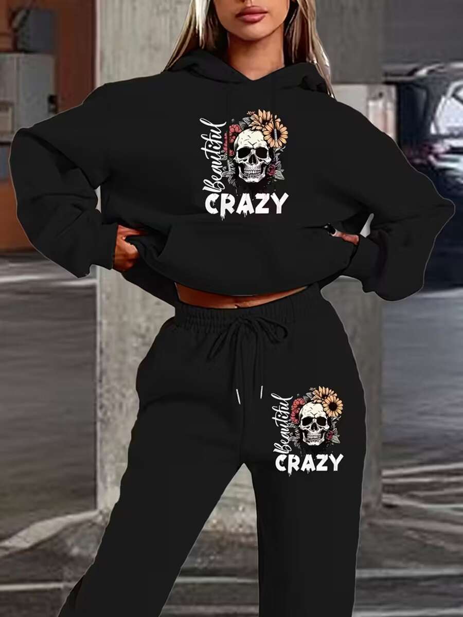 Skull Letter Decorative Text Print Two-Piece Set, Long Sleeve Drawstring Hoodies Sweatshirt & Drawstring Jogger Sweatpants Outfits, Women's Clothing Overseas Printing - Skull Letter - 查看 1