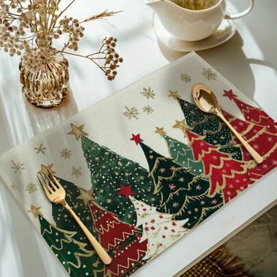 1pc Christmas Tree, Star, Snowflake Pattern Printed Placemat, Modern Polyester Fabric Kitchen Dining Table Decor, Suitable For Christmas Decoration In Dining Room And Kitchen