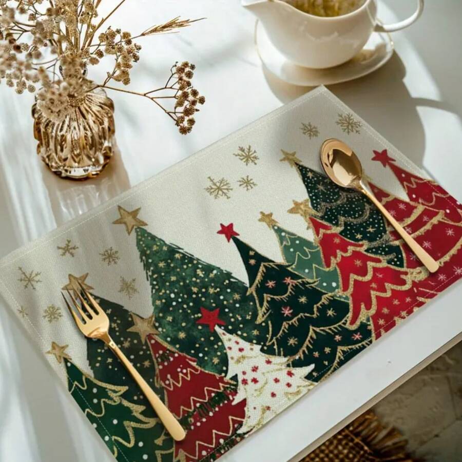 1pc Christmas Tree, Star, Snowflake Pattern Printed Placemat, Modern Polyester Fabric Kitchen Dining Table Decor, Suitable For Christmas Decoration In Dining Room And Kitchen - Multicolor - View 1
