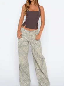 Women's Y2K Halter Neck Square Neck Backless Tank Top Ruched Side Slit Hem Fitted Cropped Blouse Casual Daily Outfit - Dark Brown - View 5