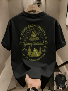 Men's Casual Campus T-Shirt, Cotton Print, Short Sleeve, Skin-Friendly, Breathable, Loose Fit, Drop Shoulder, Men's Casual Tees P4LH - 黑色 - 查看 1
