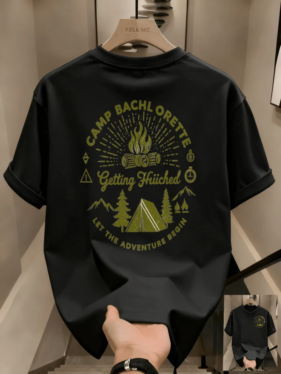 Men's Casual Campus T-Shirt, Cotton Print, Short Sleeve, Skin-Friendly, Breathable, Loose Fit, Drop Shoulder, Men's Casual Tees P4LH - 黑色 - 查看 1