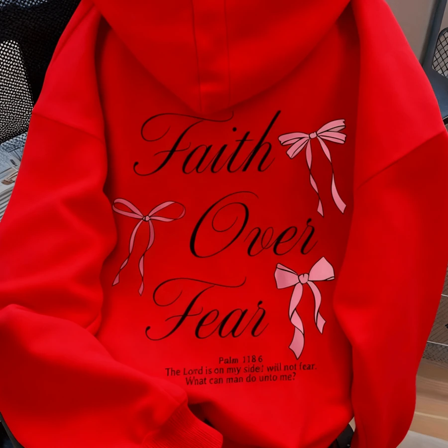 Winter Clothes For Women"Faith Over Fear" Christian Bible Verse Jesus Christ Graphic Print Pullover Sweatshirt, Suitable For Airport, Fall Fits, Back To School Women's Solid Color Long Sleeve Pocket Relaxed Fit Hoodie Sweatshirt, Casual Fall Clothes For WomenLoose And Comfortablechristmas Outfit Women Thanksgiving - 紅色 - 查看 1