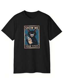 Fun Black Cat Holding Tito's Wine Bottle Pattern Short-Sleeved T-Shirt "SHOW ME YOUR TITO'S" Text Design - 黑色 - 查看 1