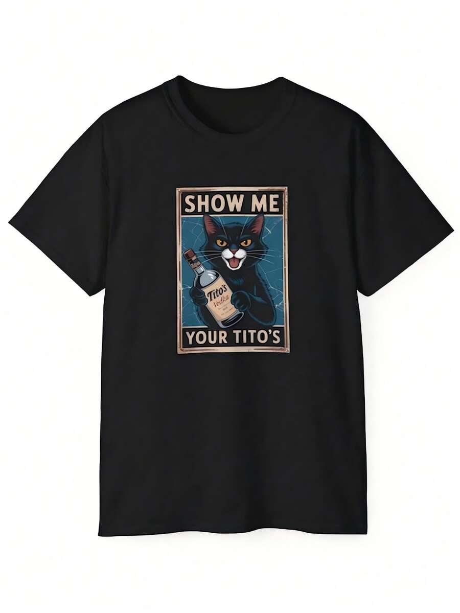 Fun Black Cat Holding Tito's Wine Bottle Pattern Short-Sleeved T-Shirt "SHOW ME YOUR TITO'S" Text Design - 黑色 - 查看 1