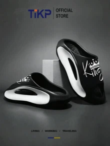 TIKP 男士EVA厚底软底舒适露趾拖鞋，户外休闲时尚凉鞋，沙滩人字拖 - 黑色KING - 查看 4