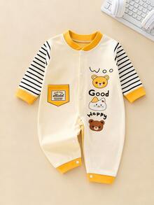 新生儿100%纯棉可爱卡通字母印花拼接条纹长袖单排扣睡衣连体衣，适合派对、生日等场合 - 黑與白 - 查看 1