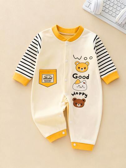 新生儿100%纯棉可爱卡通字母印花拼接条纹长袖单排扣睡衣连体衣，适合派对、生日等场合