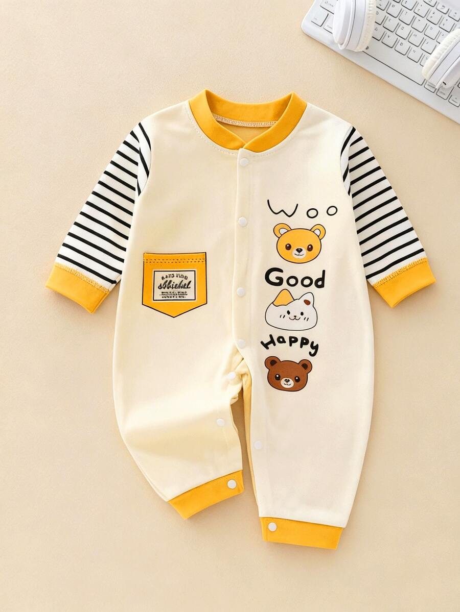 新生儿100%纯棉可爱卡通字母印花拼接条纹长袖单排扣睡衣连体衣，适合派对、生日等场合 - 黑與白 - 查看 1