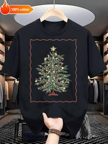 Festivo Retro Estampado Adornos de Árbol Navideño Negro y Blanco Manga Corta Cuello Redondo - Suave Algodón% 220g Ajuste Libre Camiseta Unisex Tallas S-3XL para Fiestas Navideñas Ocio Diario - Negro - Ver 1